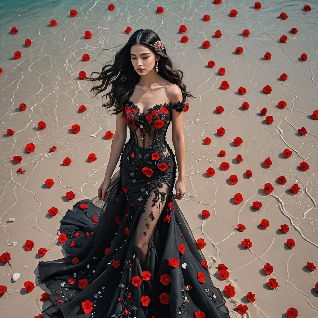 Mermaid with Crystal Dress and Red Flowers