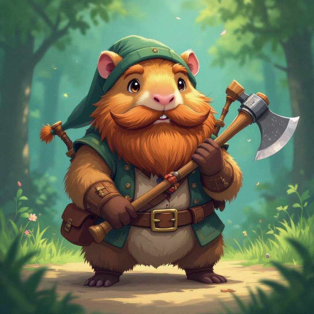 Dwarven Capybara Warrior with Axe and Bagpipes
