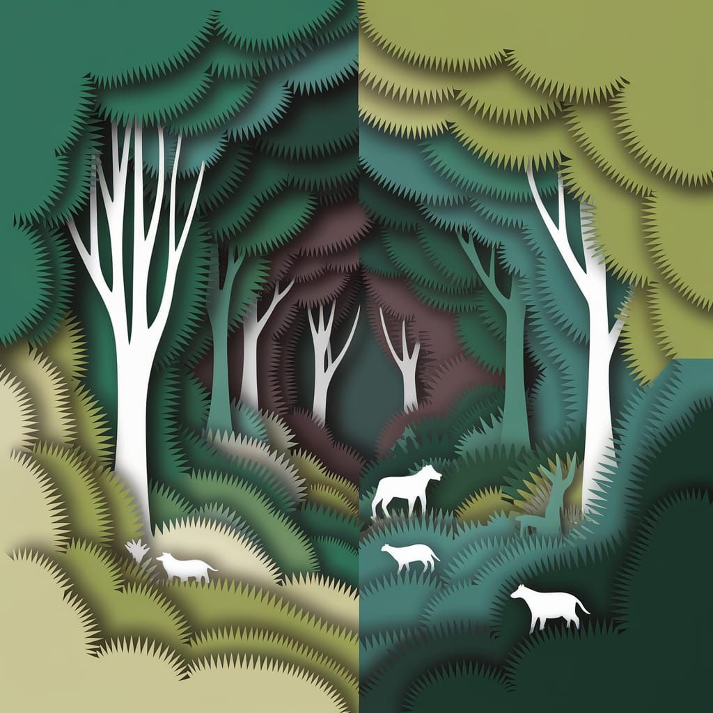 Layered Paper Cut Forest Scene with Animals