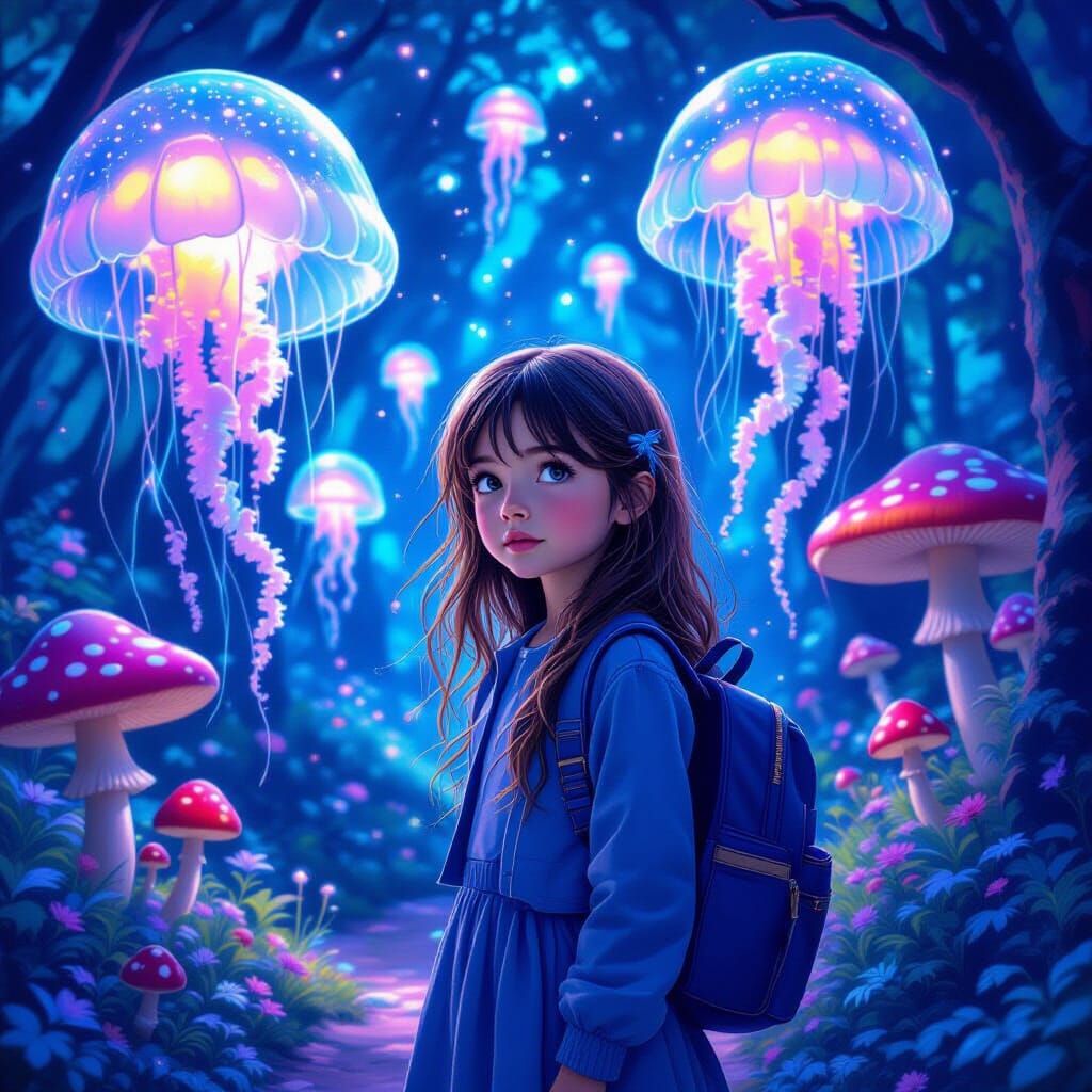 Girl in Magical Forest with Luminescent Jellyfish