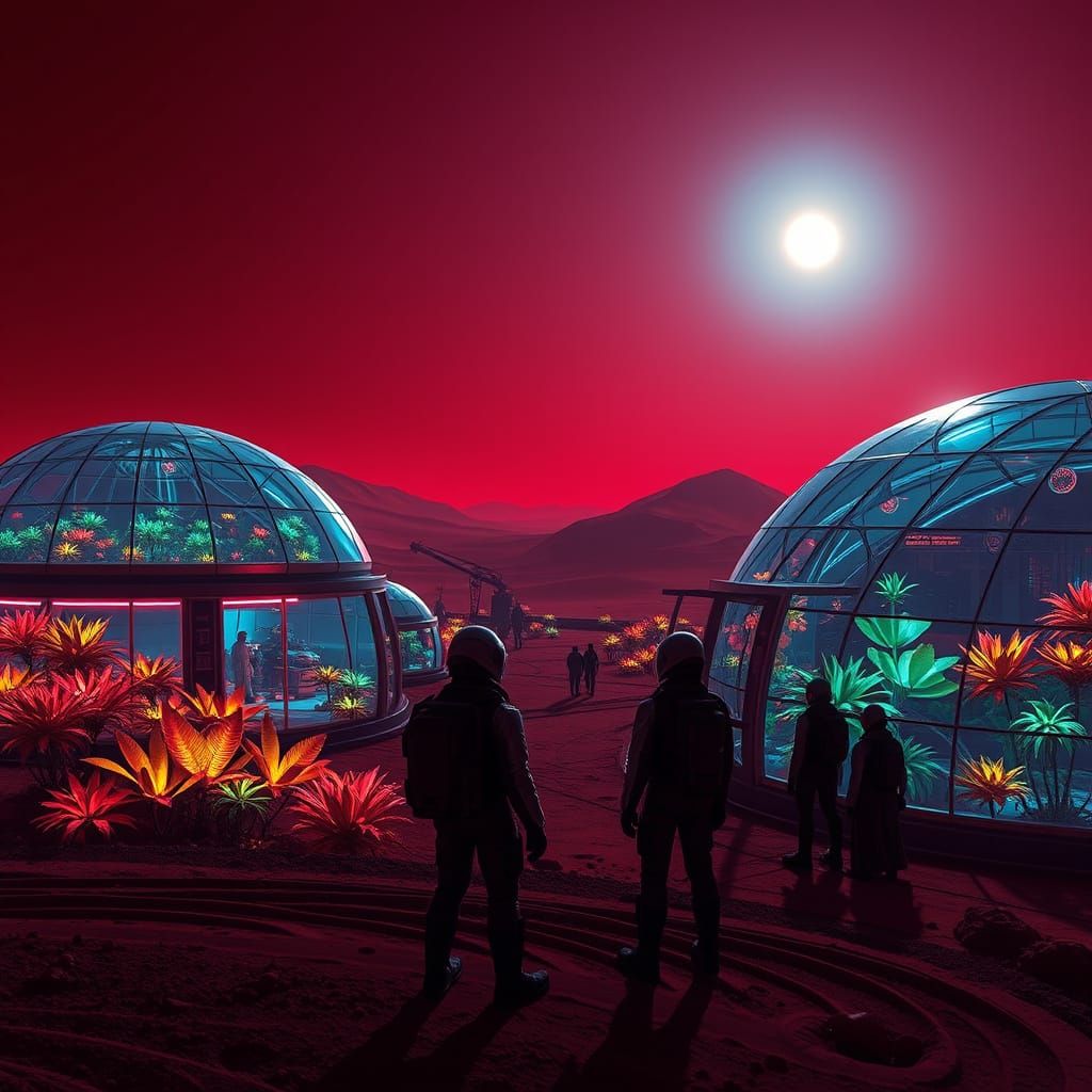 Futuristic Mars Colony Under Bioluminescent Domes