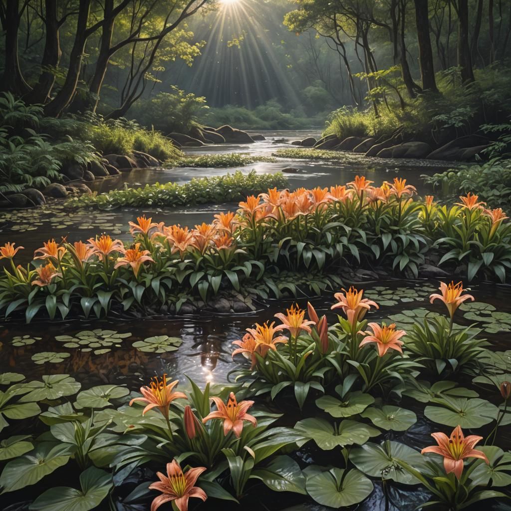 Hazy Forest with a stream of  Asiatic Lilies grow on a small mound in the middle of a slow flowing stream.