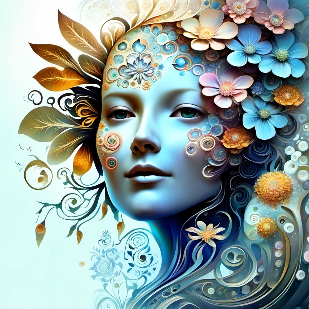 Floral Female Face with Fireflies, Futuristic Filigree