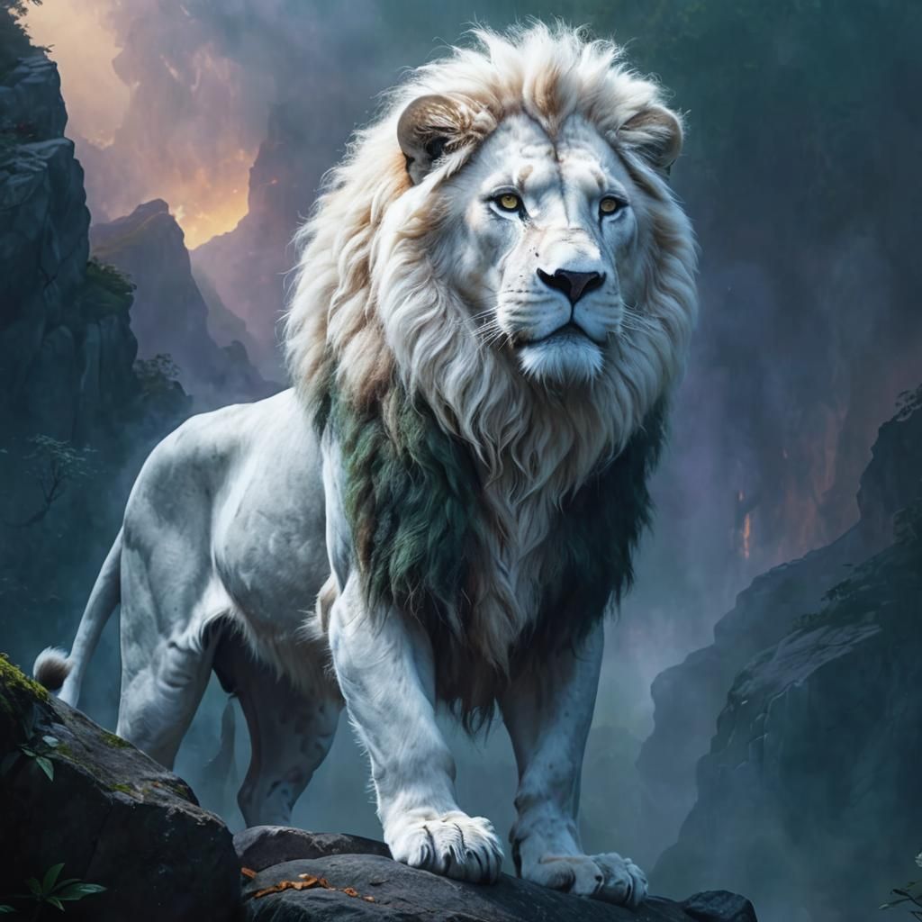 Majestic White Lion in Mystical Forest: Fantasy Art