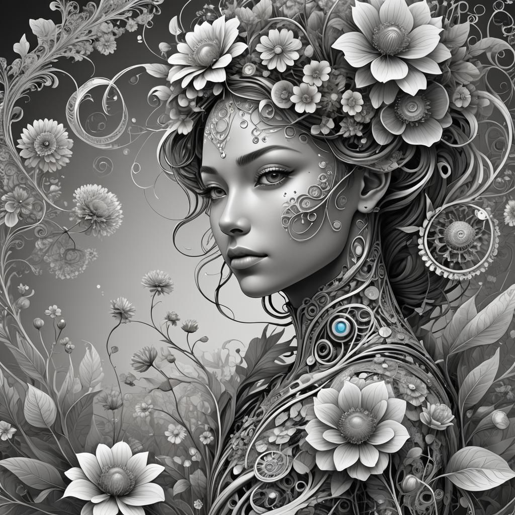 Cyborg Smelling Flower in Abstract Vector Style