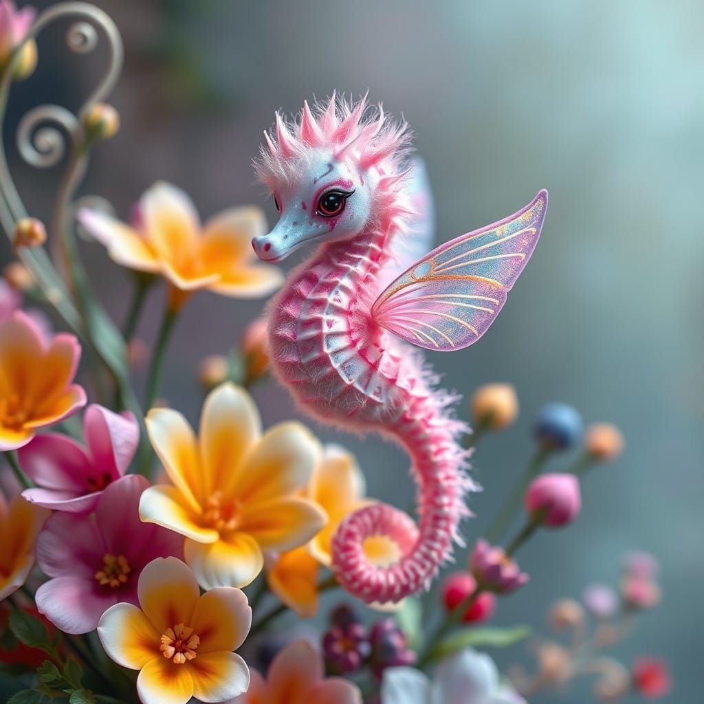 Whimsical Seahorse with Wings Amidst Vibrant Flowers in Drea...