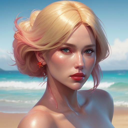 Blonde Woman Portrait on Beach in Hyperdetailed Style