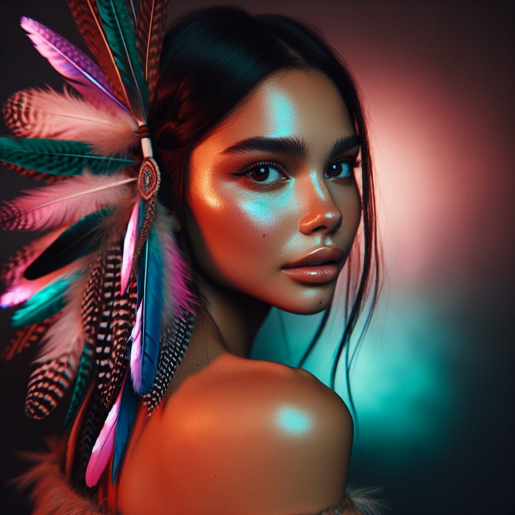 Neon Lit Portrait of Indigenous Woman with Feathers