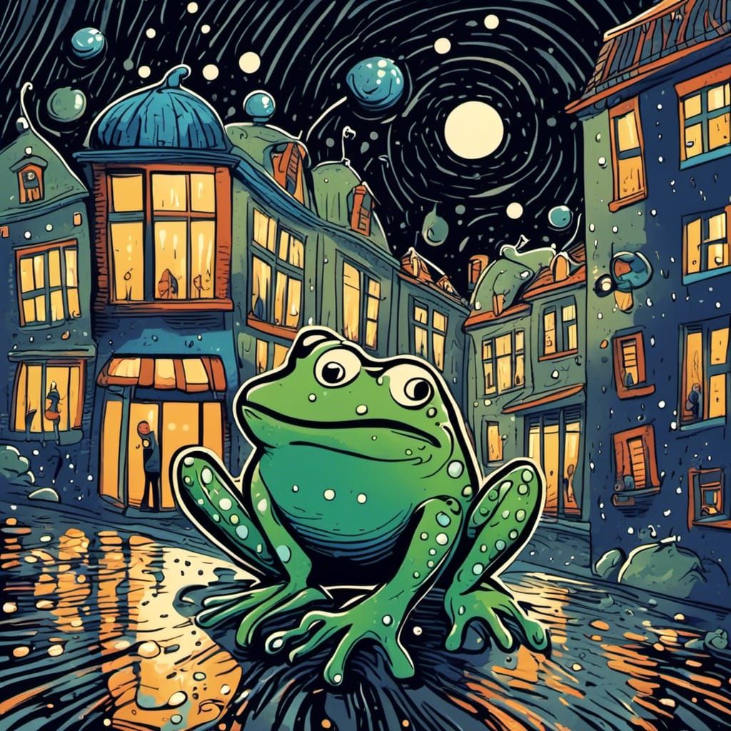 Raining Frogs in Oslo: Retro Hand-Drawn Style