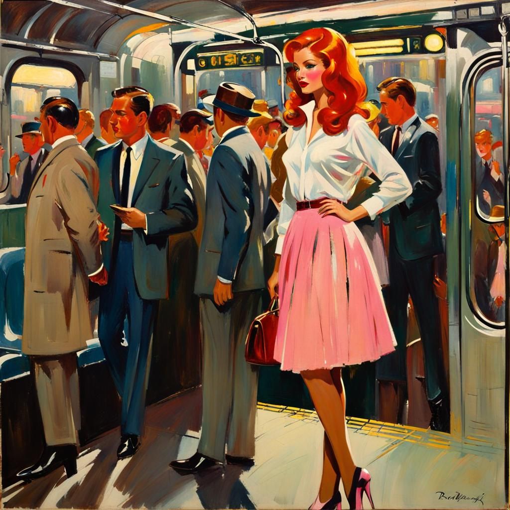 Elegant Woman on Subway Car, Vintage Painting