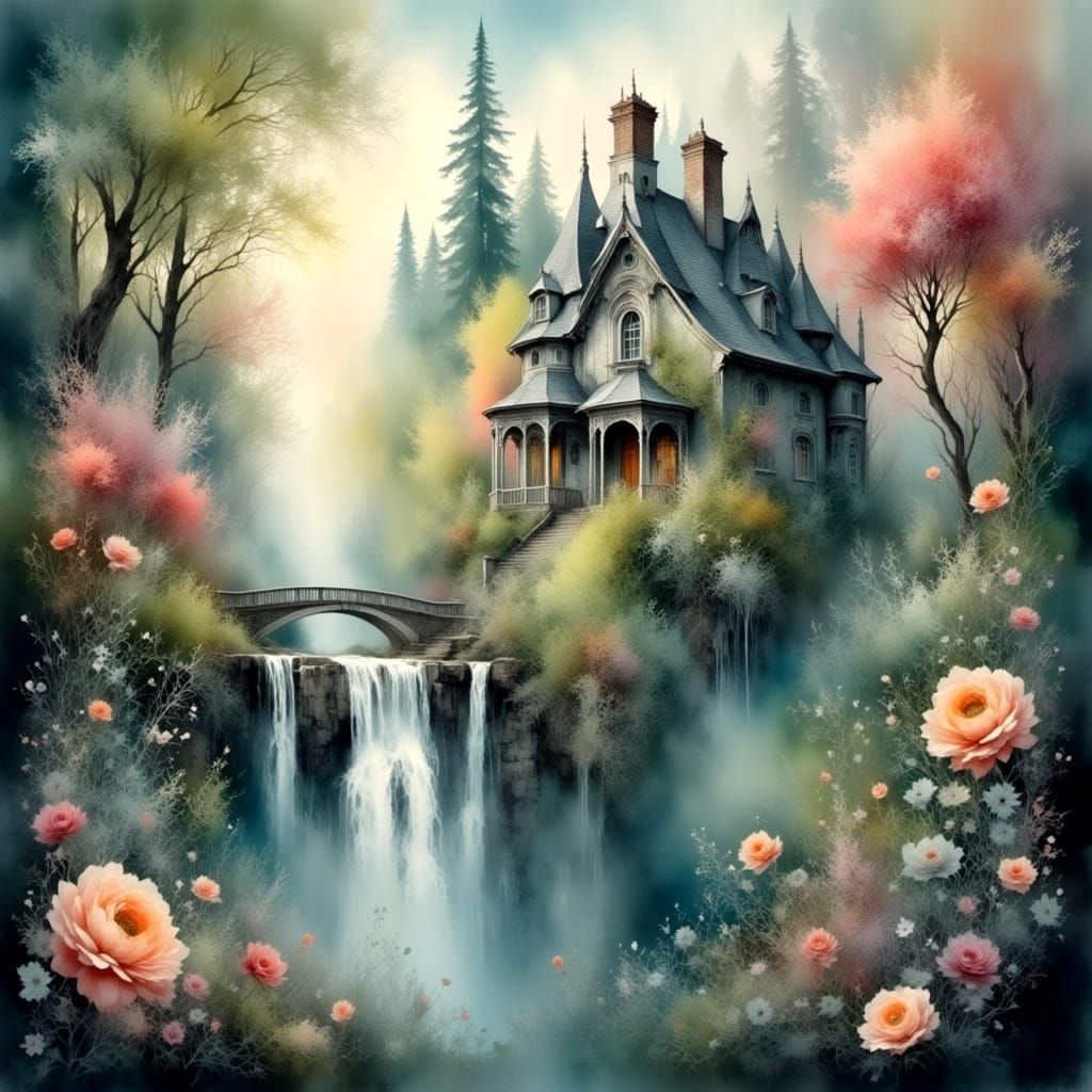 Whimsical Fantasy Landscape with Lace Florals and Waterfall