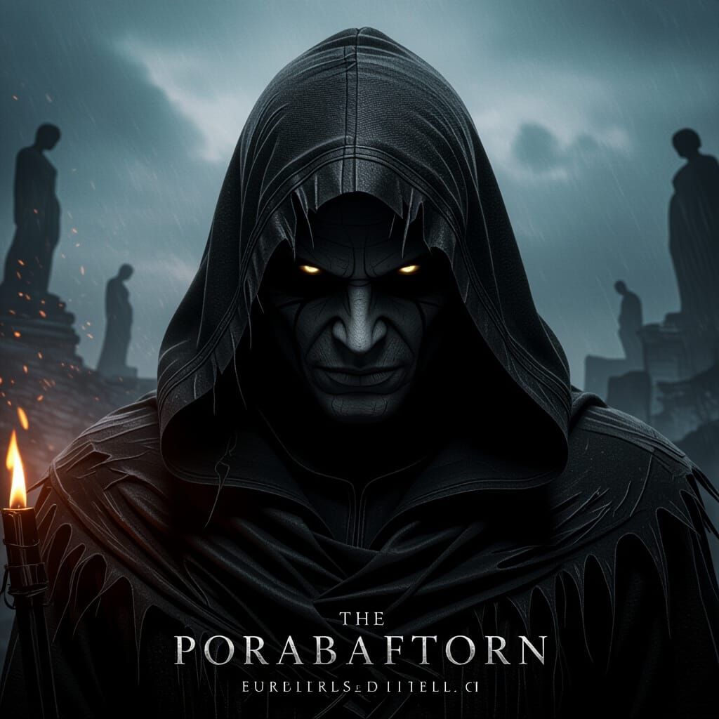 Dark Fantasy Hooded Figure in Ruined Landscape