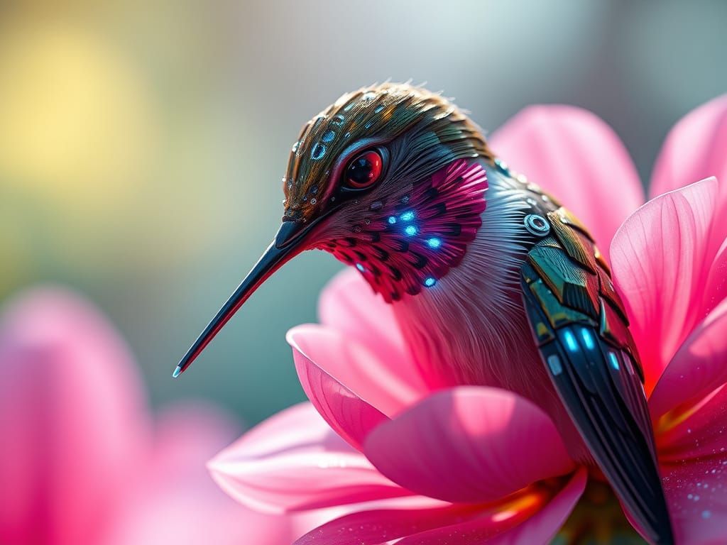 Cybernetic Hummingbird Sipping Nectar: Digital Matte Paintin...
