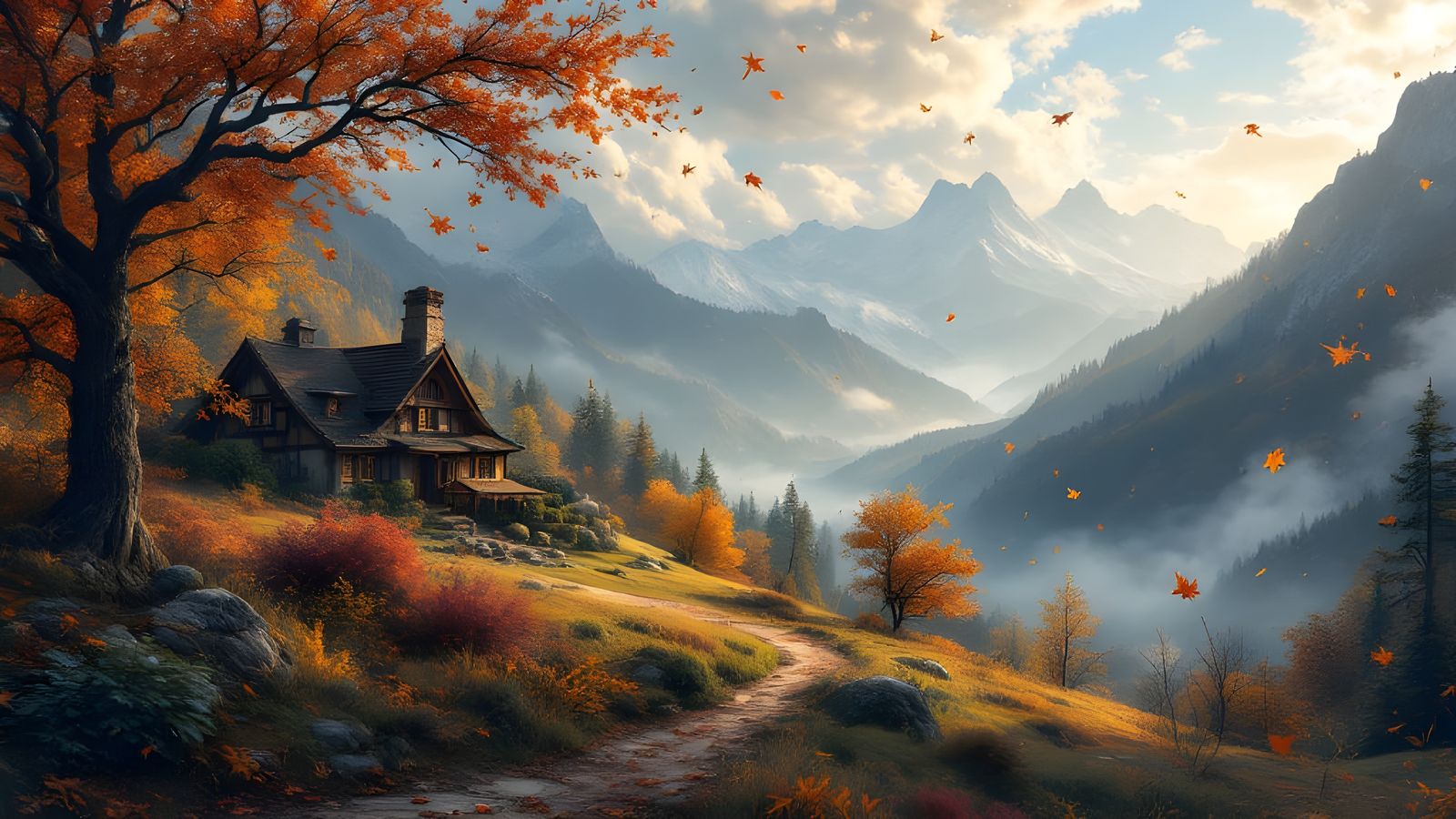 Autumn Valley Cottage Amidst Wind and Leaves