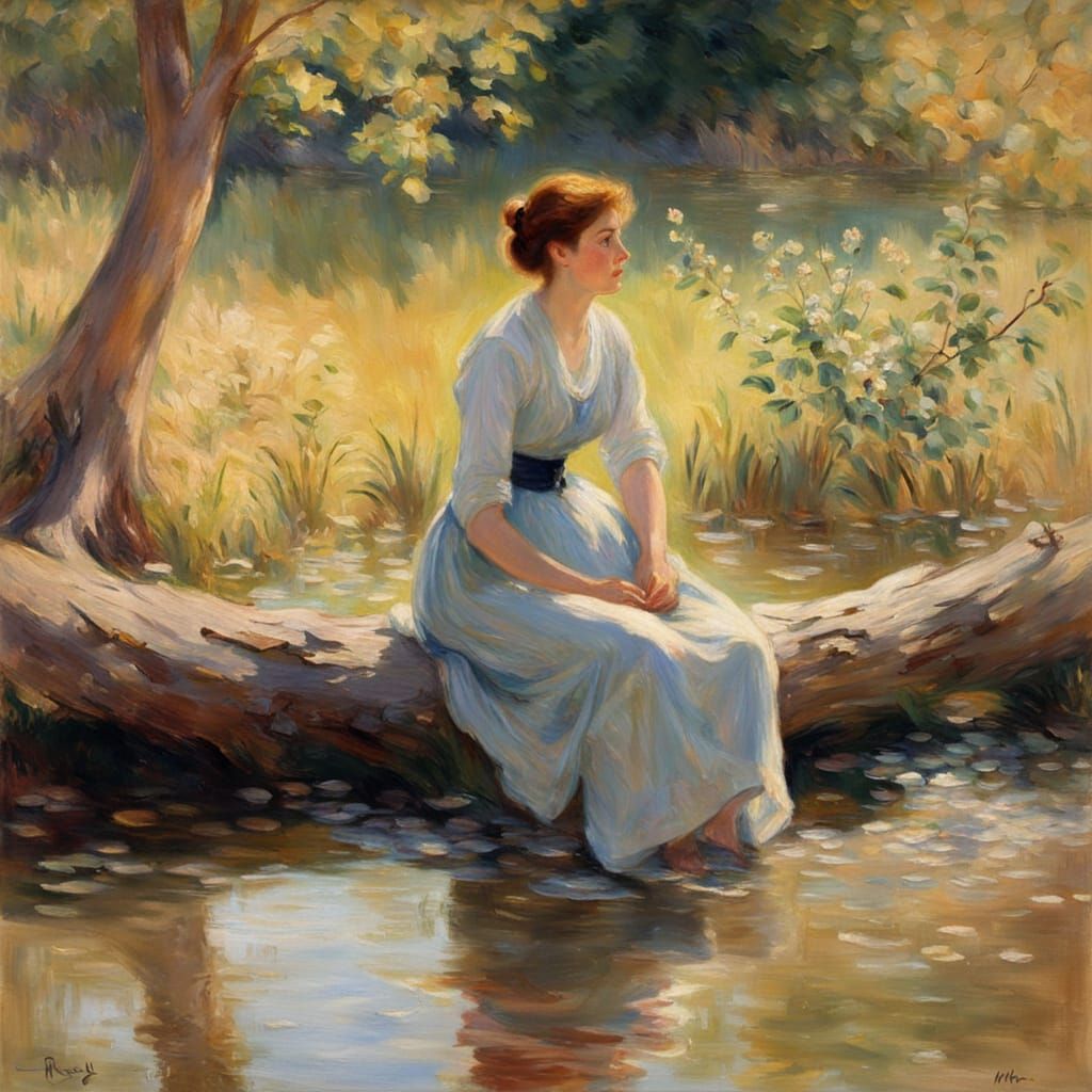 Woman Sits on Iris Tree Branch Over Stream in Impressionist ...