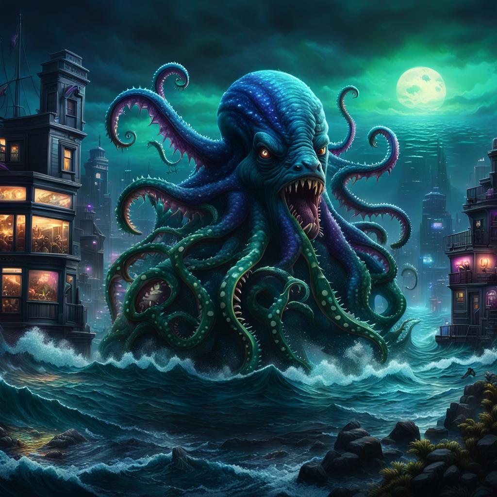 Ocean Monster Devouring City: Dark Fantasy Concept Art