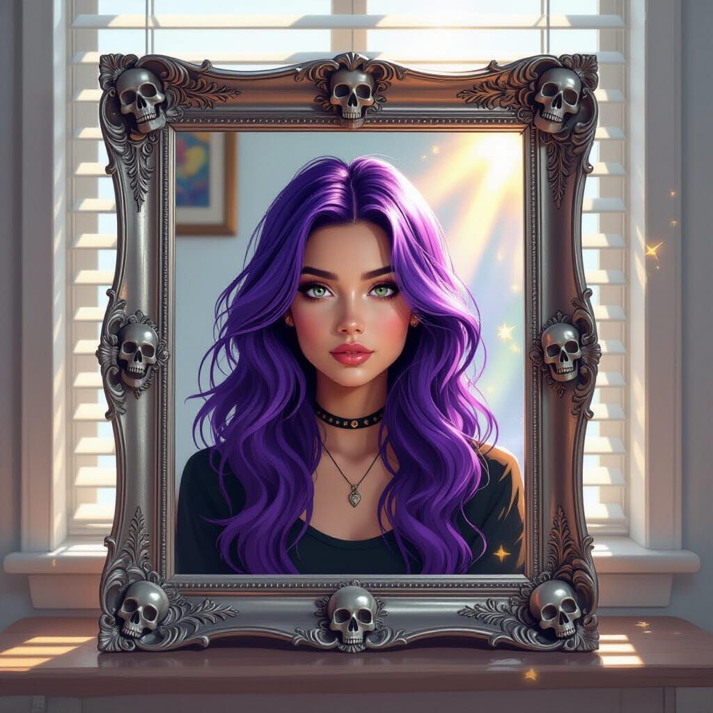 Modern Witch with Purple Hair in Minimalist Apartment