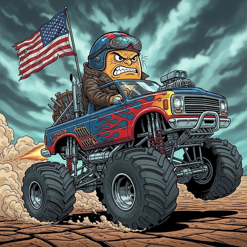 Angry Egg Races a Monster Truck in Surreal Style