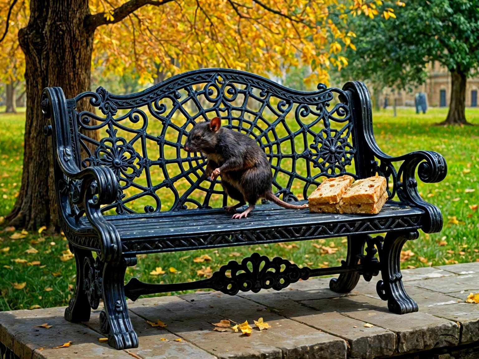 Gothic Iron Bench Scene with Rat Enjoying Bread in Oil Paint...
