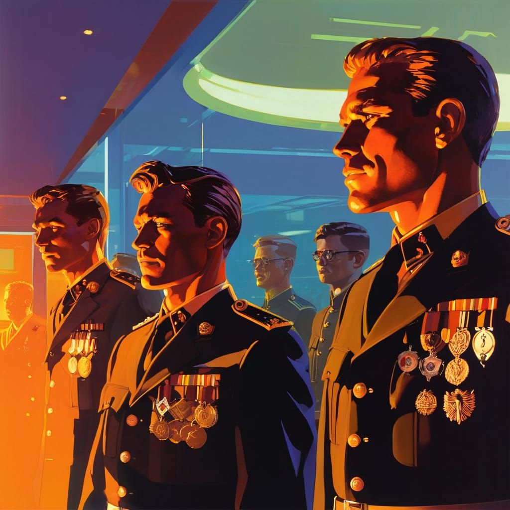 Military Leaders in Futuristic Press Room, Inspired by Syd M...