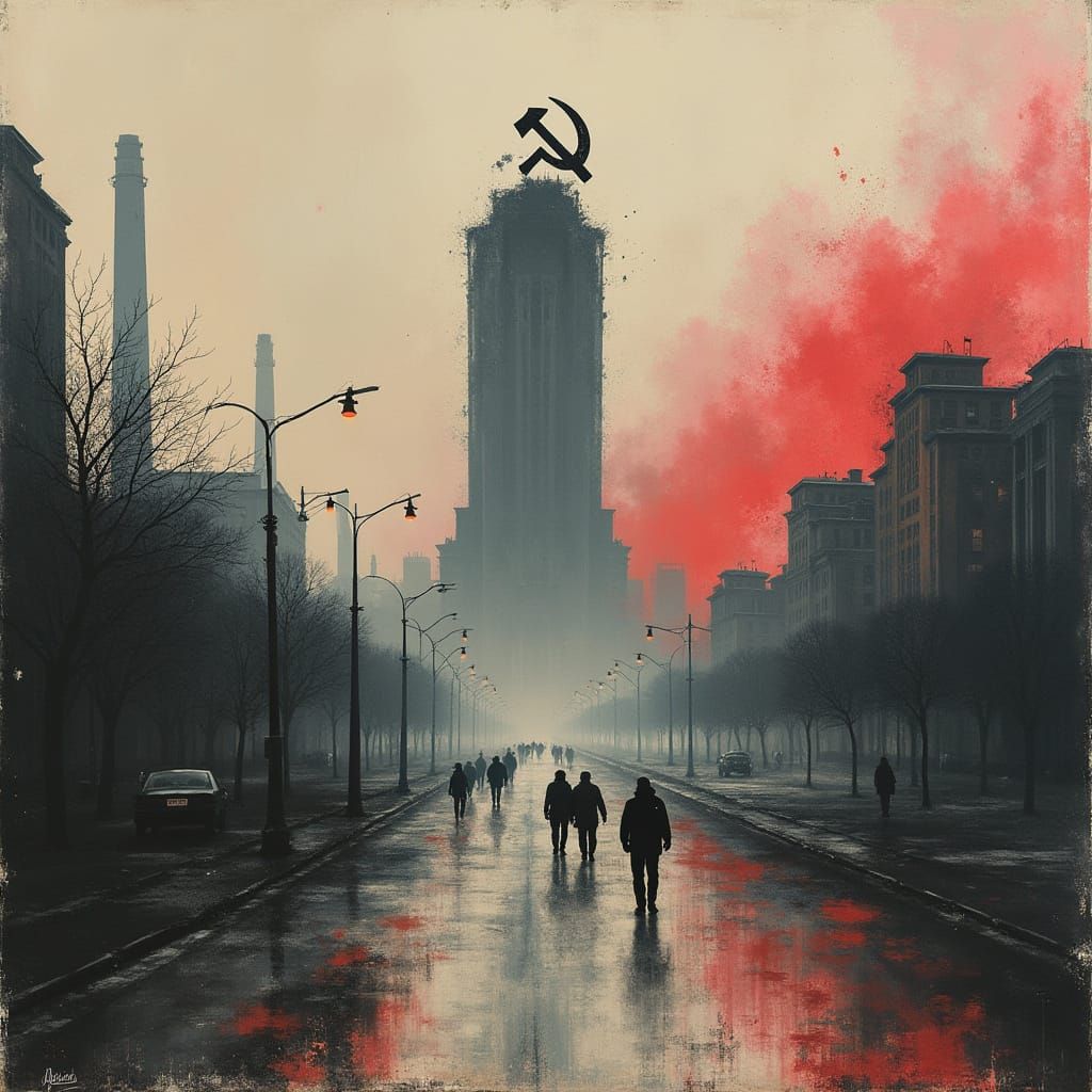 Dystopian Soviet Metropolis in Chiaroscuro Style