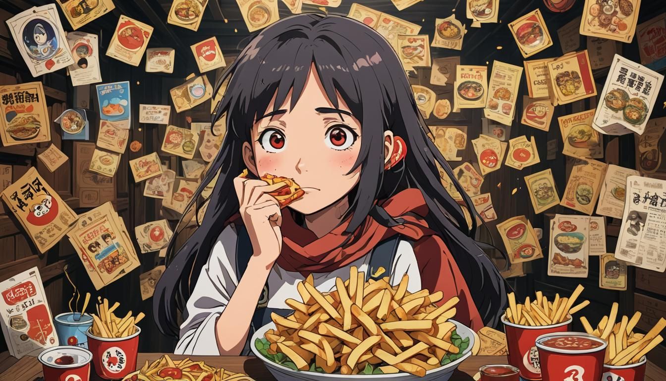 Sad Girl Eating Fries in Ghibli Anime Style