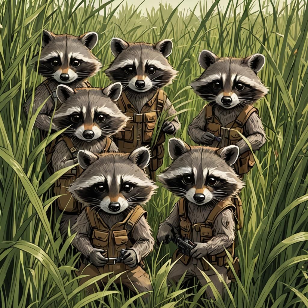 Cartoon Raccoon Rangers Hidden in Tall Grass