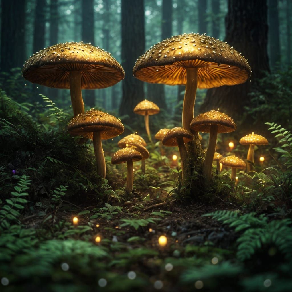Glowing Mushrooms in Dew-Kissed Ferns: Fantasy Concept Art