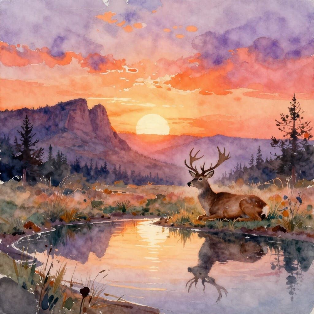 Sunrise Over Superstition Mountains With Deer in Watercolor