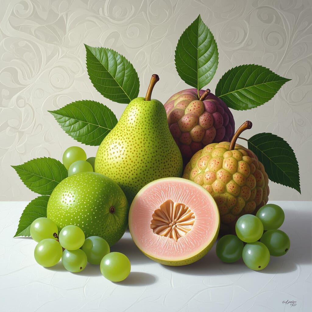 Hyper-Realistic Still Life of Green Fruits