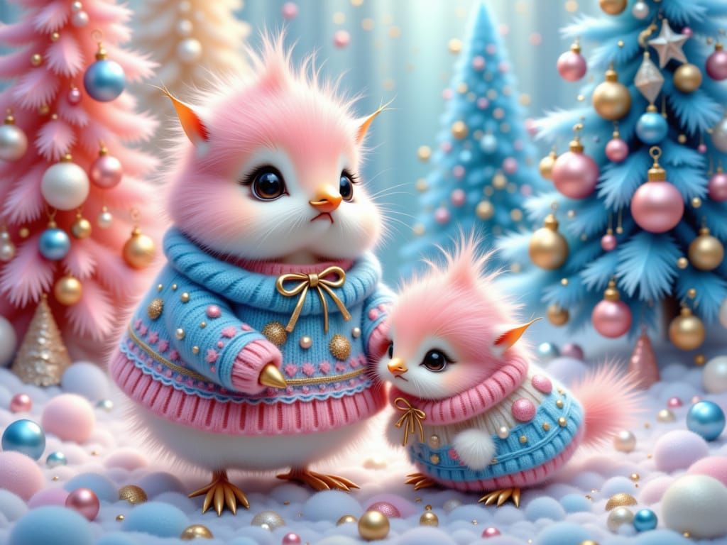 Fluffy Pastel Birds in Festive Sweaters, Impasto Style