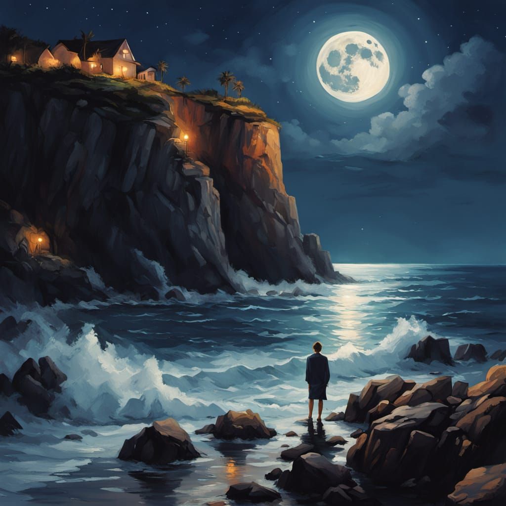 Lone Figure Gazing at Starlit Sea: Oil Painting