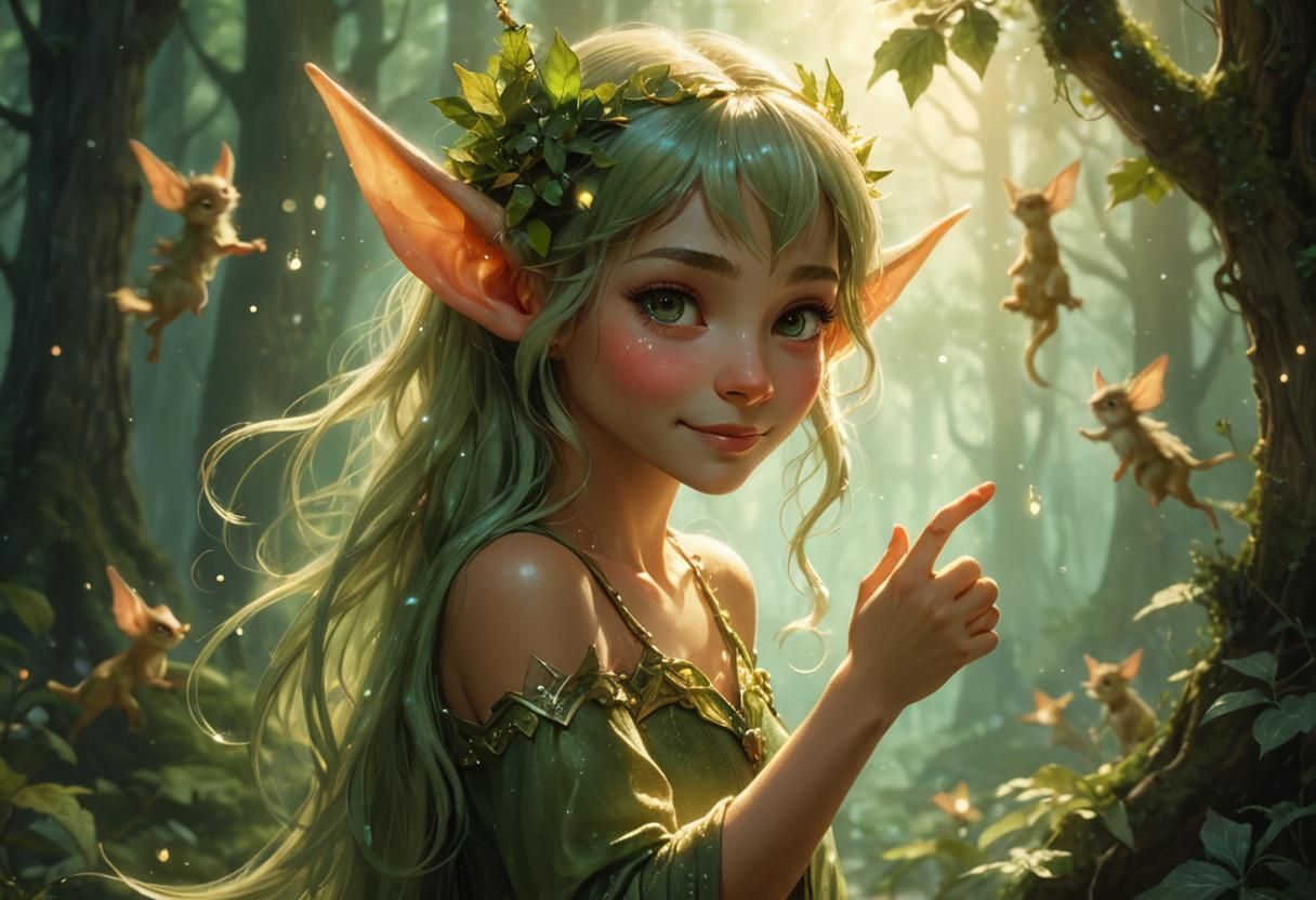 Mischievous Elf Portrait in Art Nouveau Style