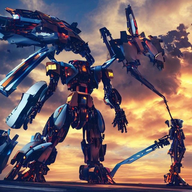Colorful Giant Mecha Warrior with Gun and Sword