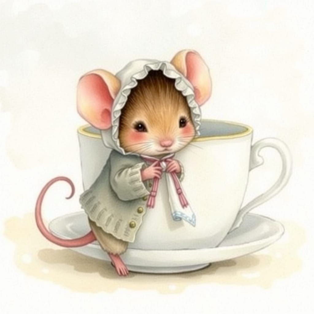 Shy Mouse Hiding Behind Teacup, Watercolor Style