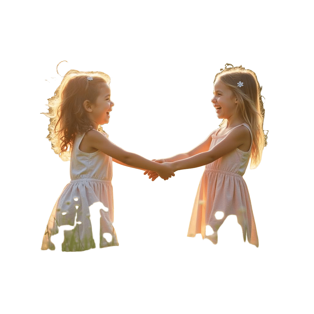 Playful Girls Holding Hands in Meadow: Professional Photogra...