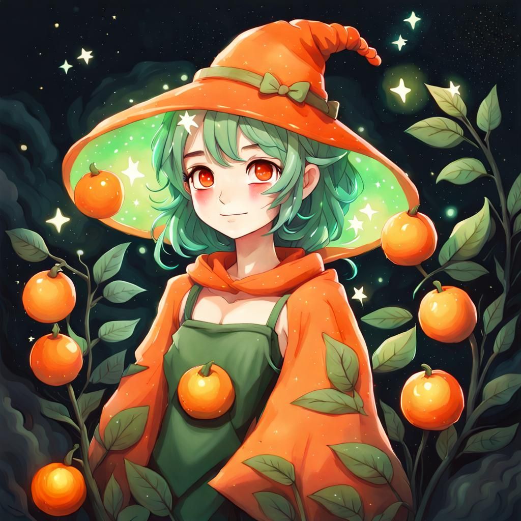 Bioluminescent Orange Fairy in Dreamy Floral Night