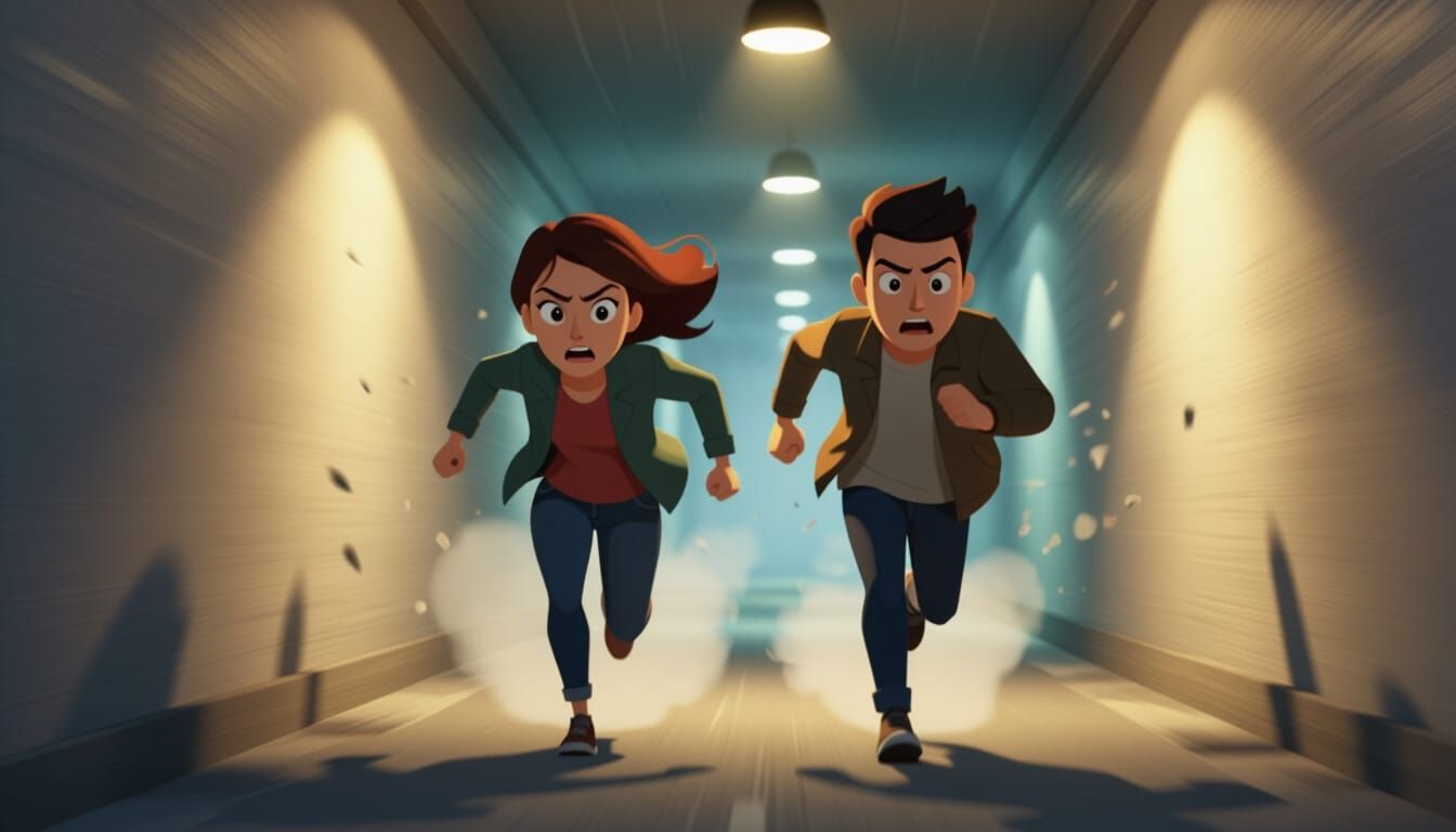 Two Characters Sprinting Through a Mysterious Passage