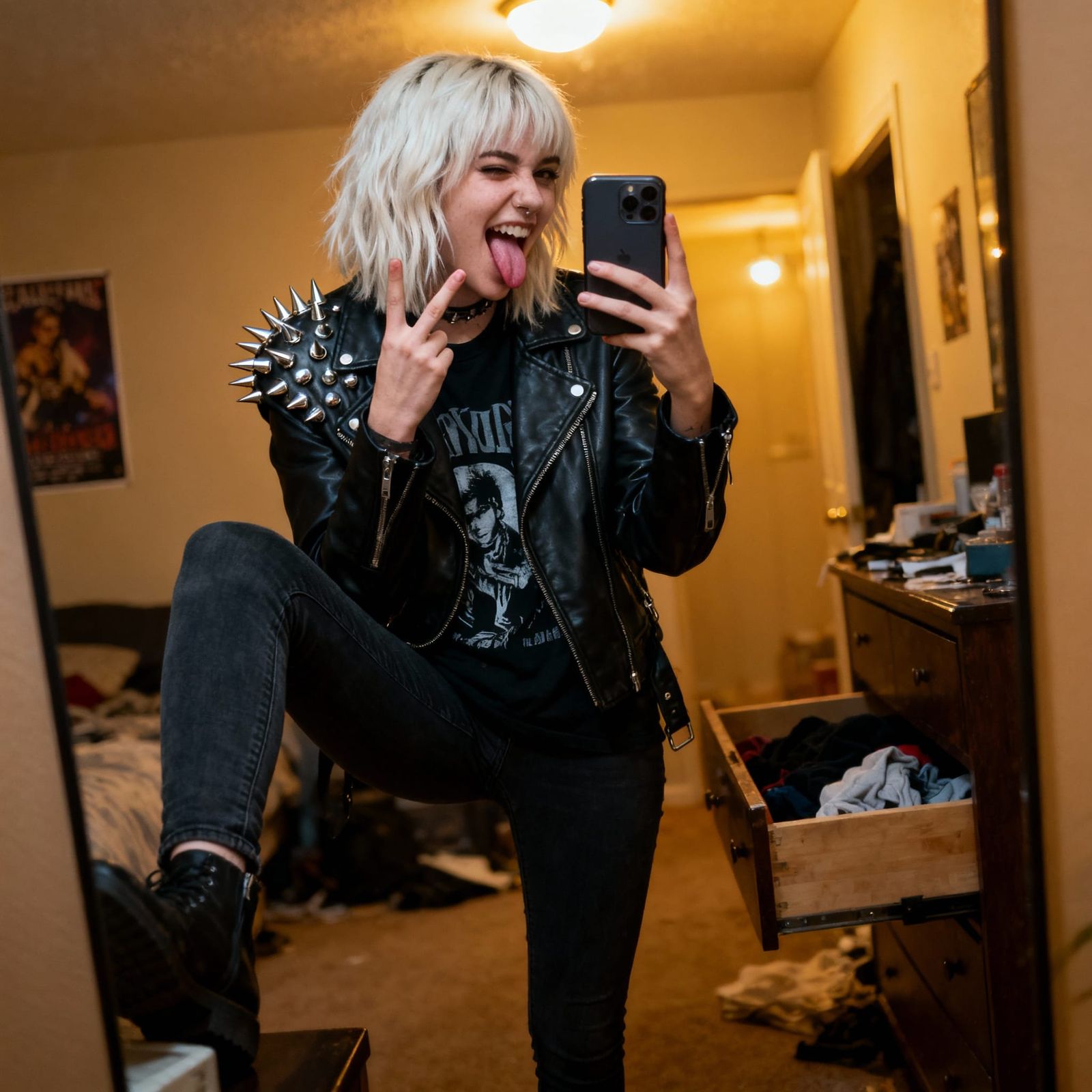 Platinum Blonde Woman's Playful Mirror Selfie in Spiked Jack...