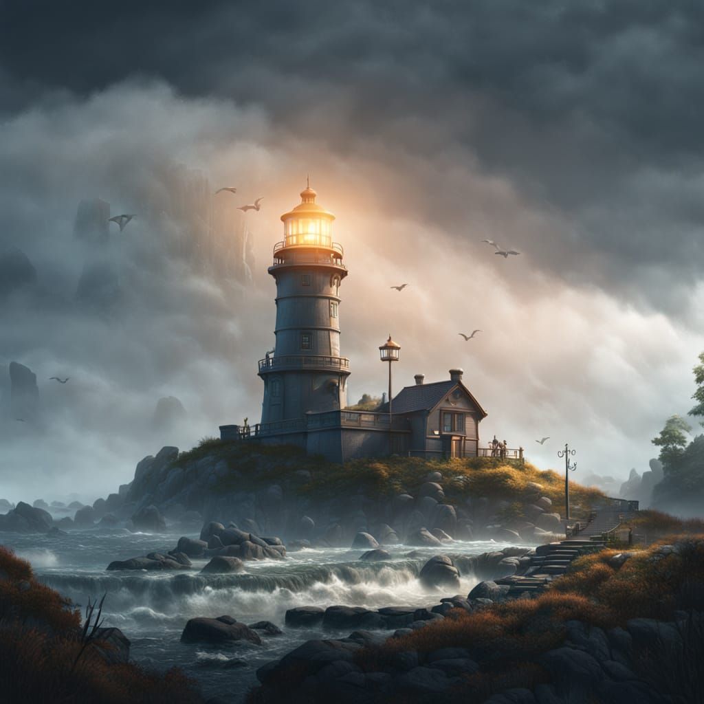 Bright Lighthouse in Misty, Detailed Fantasy Art