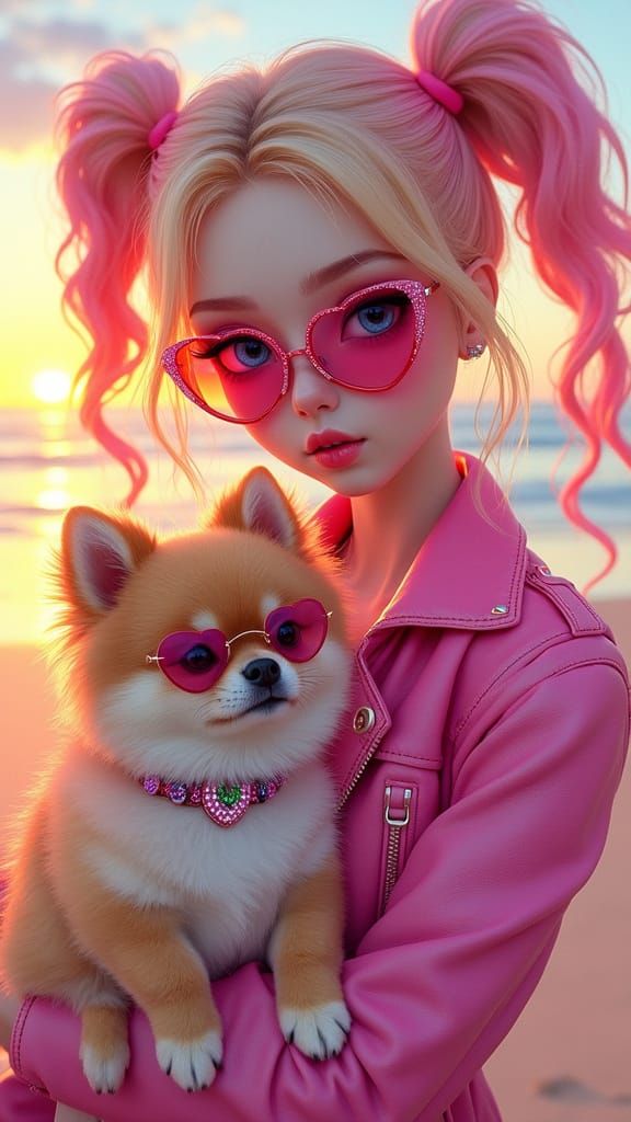 Vibrant Beach Goddess with Fluffy Ponytails and Glittering A...