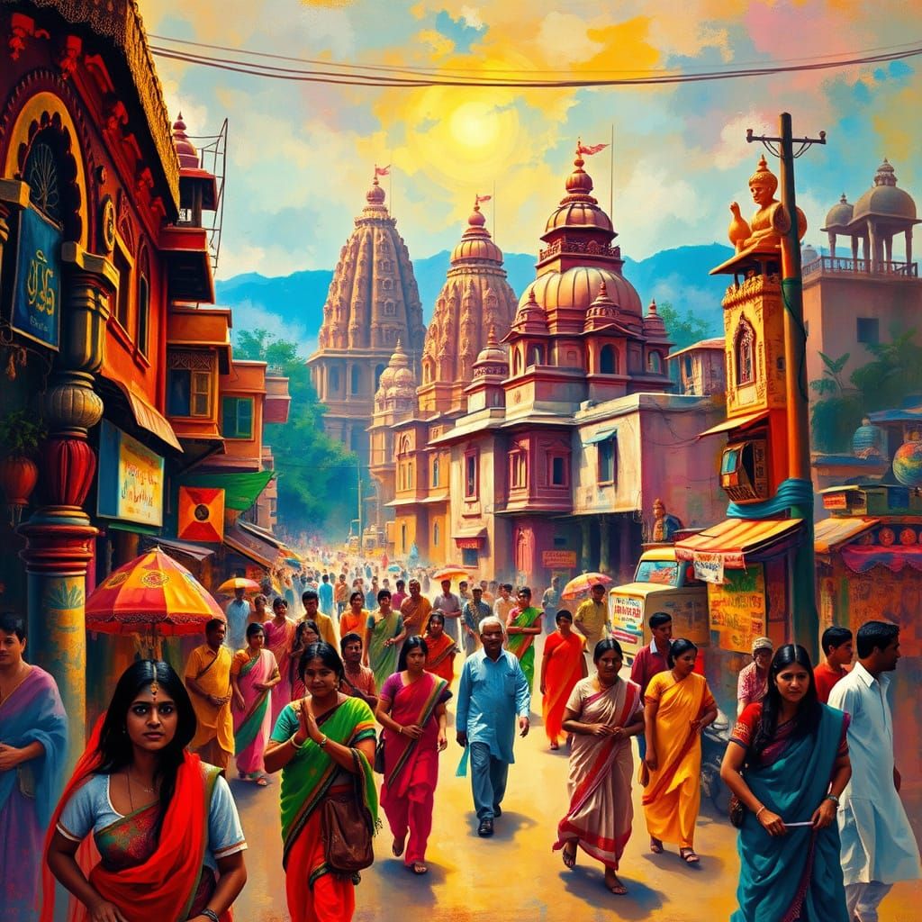 Bollywood-Inspired Indian Streetscape with Vibrant Temples a...