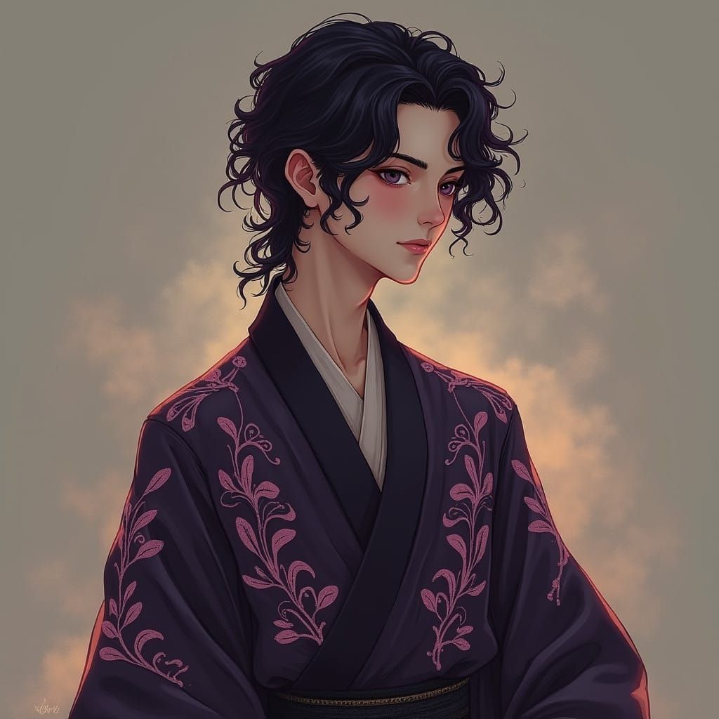 Elegant Androgynous Man in Traditional Japanese Attire