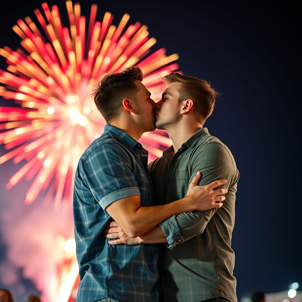 Men Kissing Under Fireworks in Natural Lighting