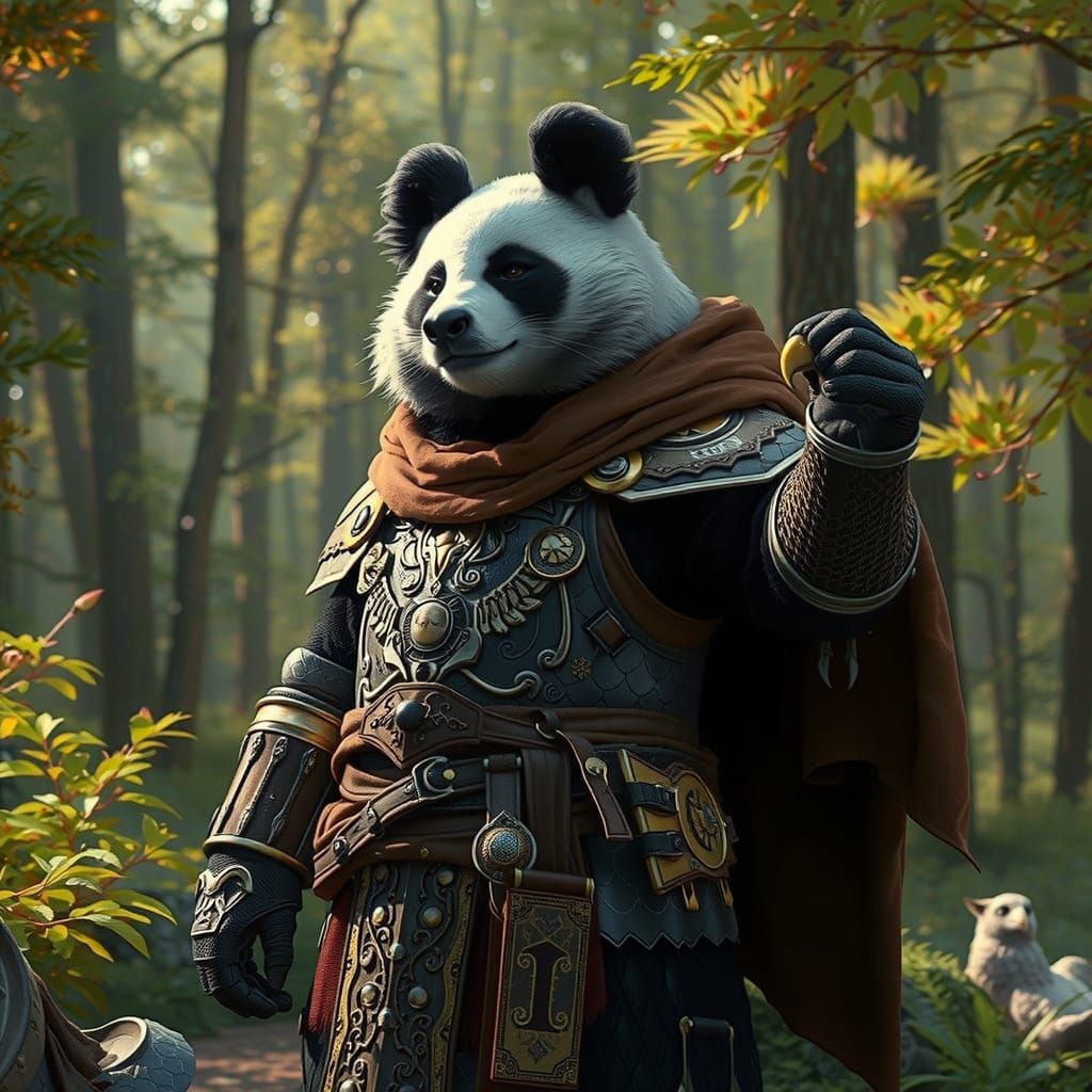 Humanoid Panda Knight in Forest with Regal Falcon