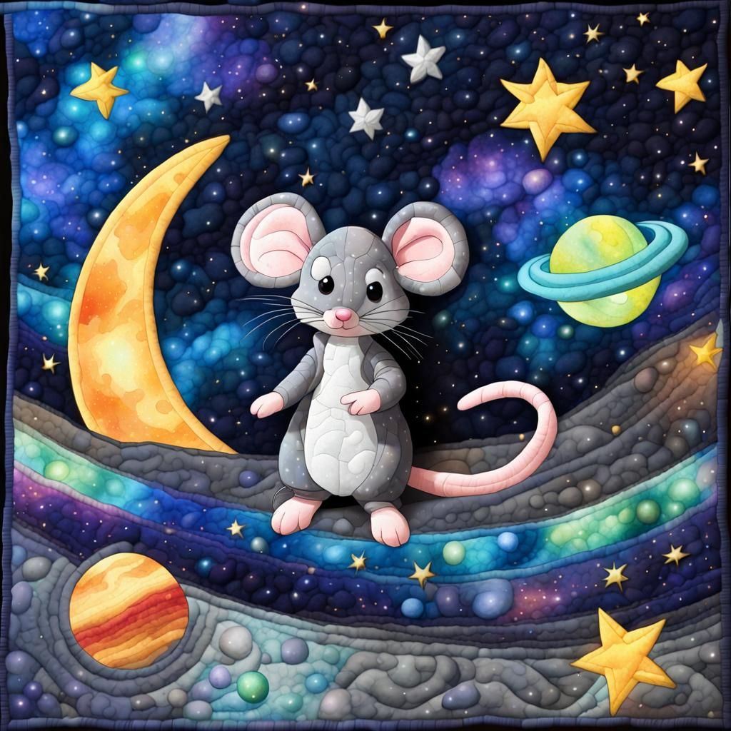Chibi Mouse on Moon Quilt Under Aurora Sky