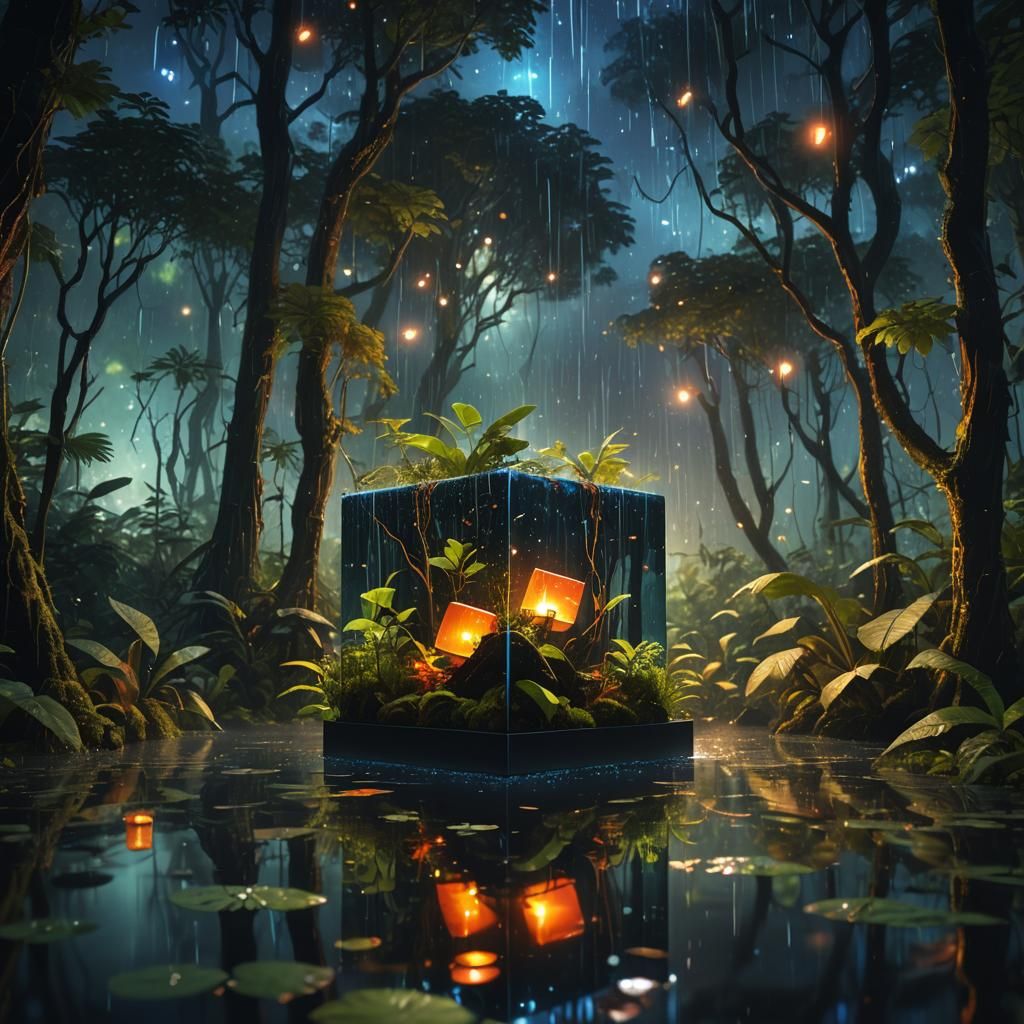 Reflective Cube in Magical Rainforest: Matte Painting