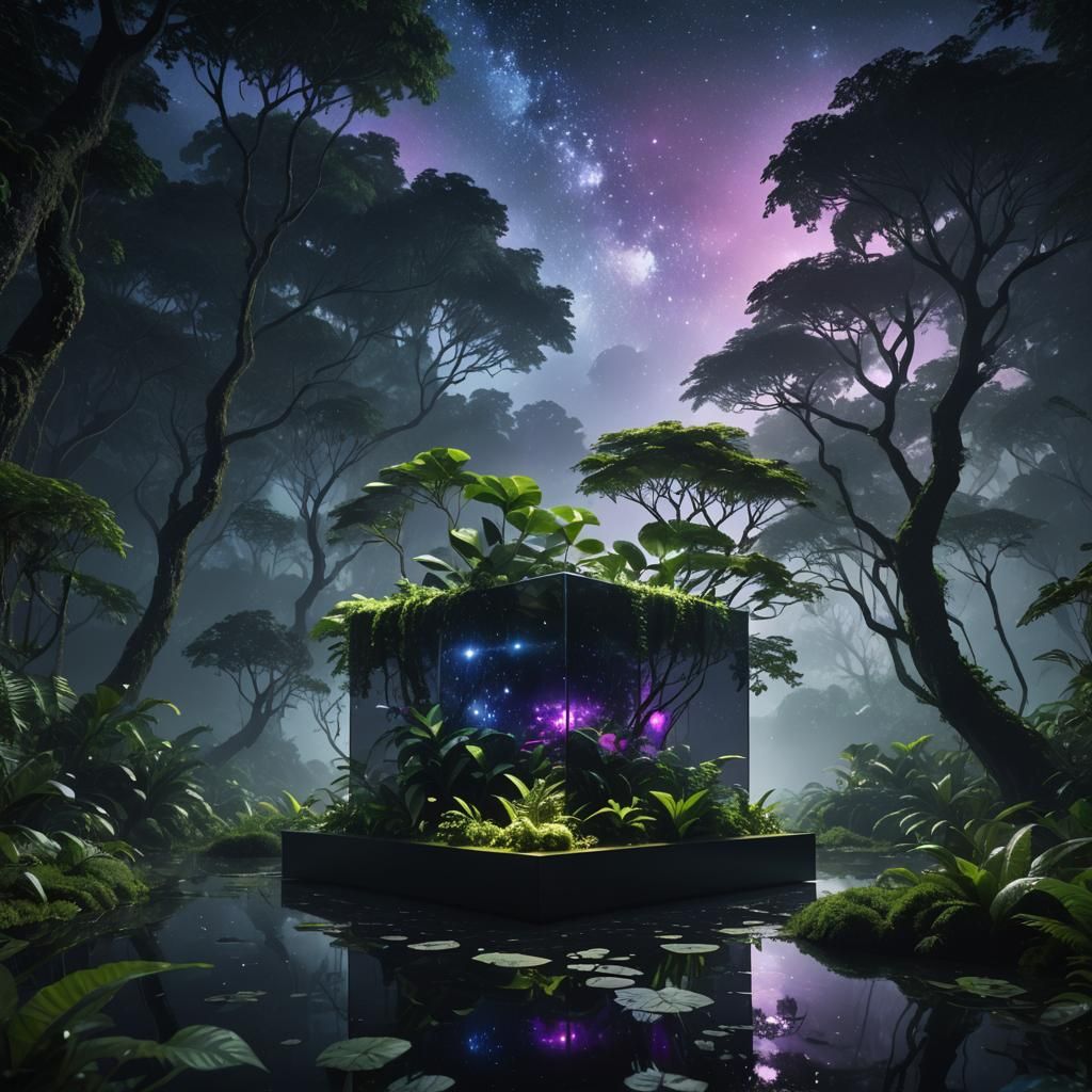 Reflective Cube in Lush Rainforest at Night