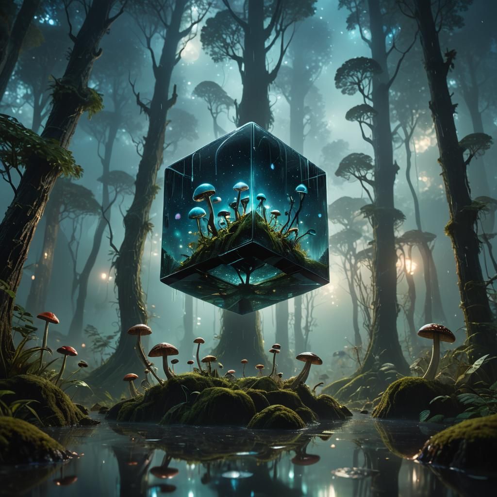 Floating Black Cube in Misty Rainforest