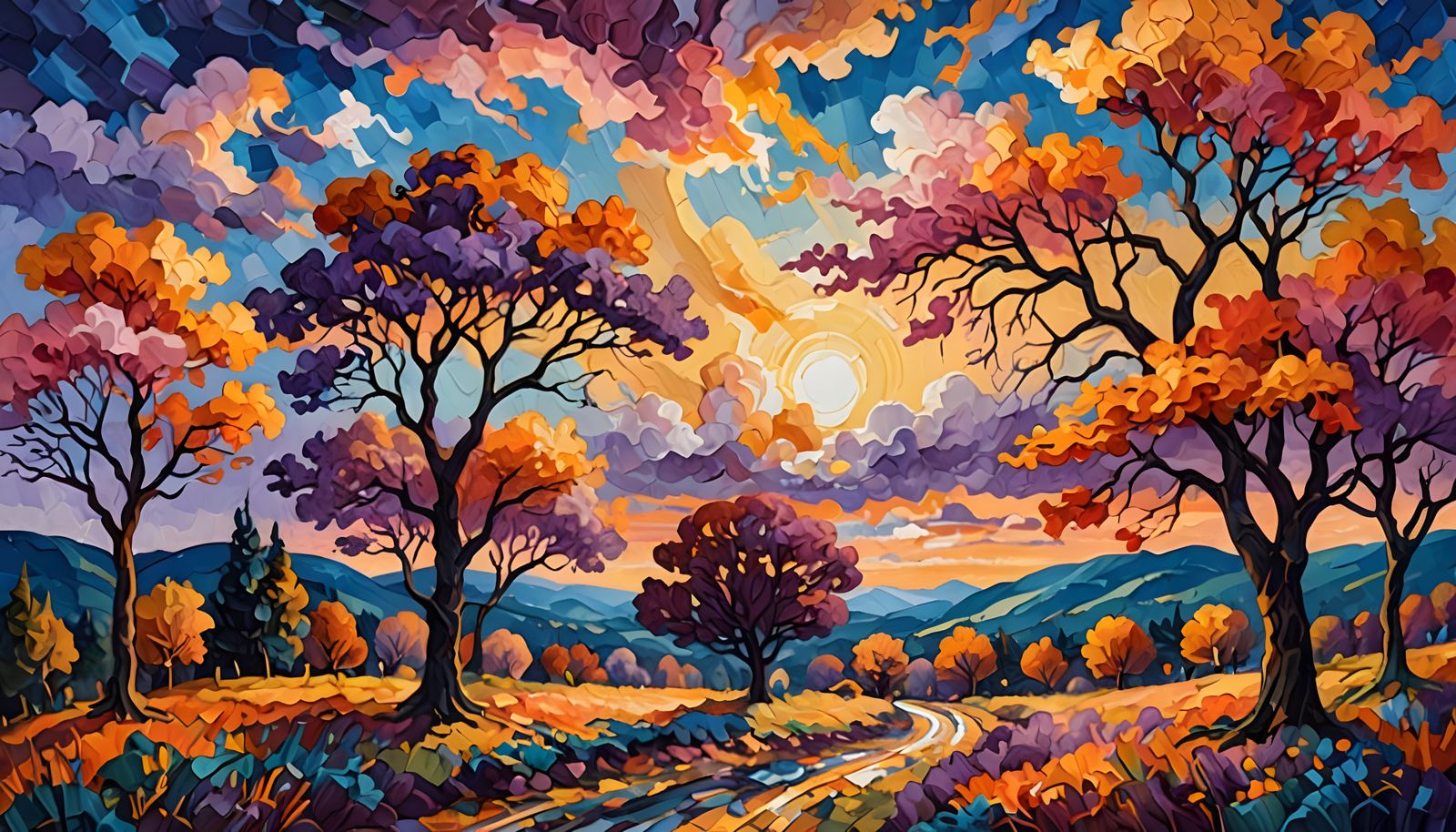 Vibrant Neo-Impressionist Landscape with Swirling Clouds and...